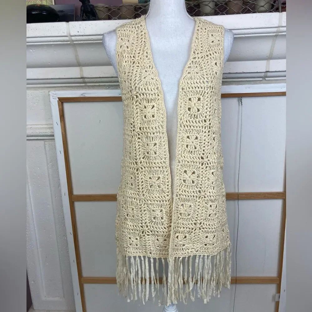 Reba Crochet Fringed Open Long Vest with Fringe 70s vibe